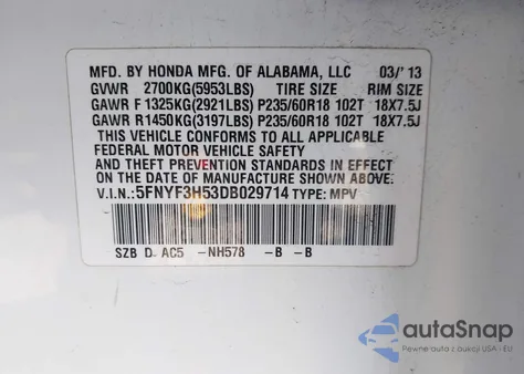 2013 Honda Pilot Ex-L z USA, uszkodzony, nr VIN 5FNYF3H53DB029714